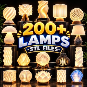 Puede incluir: Una colección de varias lámparas iluminadas con diversas formas geométricas y orgánicas, incluyendo diseños esféricos, cilíndricos y de loto, mostradas con el texto 200+ LAMPS STL FILES en el centro, exhibiendo modelos de iluminación impresos en 3D.