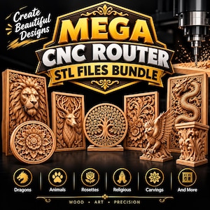 Mega CNC Router STL Files Bundle, 3D Relief Carving Designs, Dragon, Animal, Floral and Decorative Woodworking Digital Files for CNC Routing