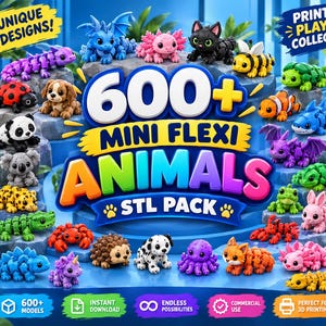 May include: A collection of 600+ mini flexi animal figurines in various colors and species, including a blue dragon, pink axolotl, black cat, bee, ladybug, panda, koala, leopard, crocodile, crab, hedgehog, dalmatian, octopus, fox, and shark.