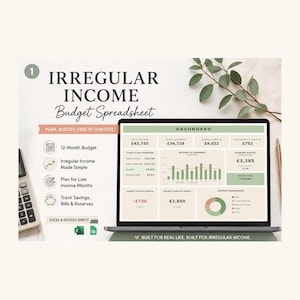 May include: A digital budget spreadsheet template for irregular income displayed on a laptop screen. The dashboard features charts, financial data in pounds, and icons for tracking savings and bills. Includes Excel and Google Sheets compatibility.