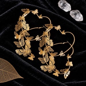 Gold Butterfly Hoop Earrings, Delicate Butterfly Earrings, Nature Inspired Jewelry, Elegant Statement Earrings, Romantic Gift for Her