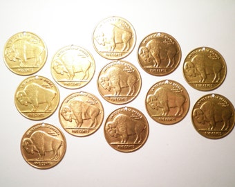 12 Vintage Brass Buffalo Nickel Charms with or without Holes