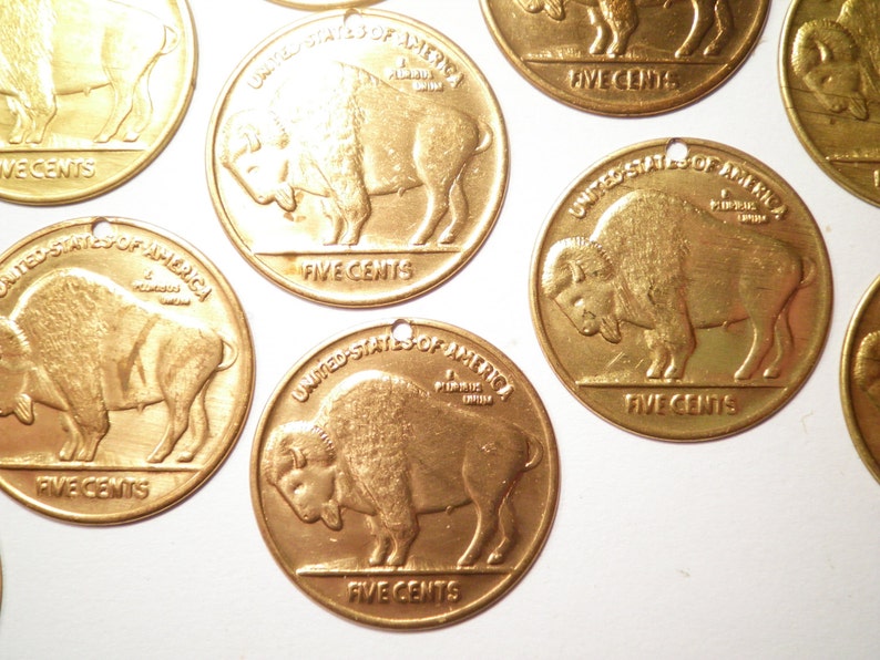 6 Vintage Brass Buffalo Nickel Charms with or without Holes image 2