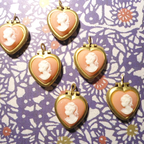 6 Brass Heart Lockets with Pink Tourmaline Angel Dust Cameos