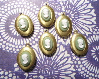 6 Brass 14x10mm Oval Lockets with Peridot Green Cameos