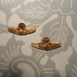 Puede incluir: Dos insignias doradas de alas de piloto militar. Cada insignia presenta un emblema central con una estrella y un escudo, flanqueado por alas detalladas. Las insignias se muestran sobre un fondo estampado.