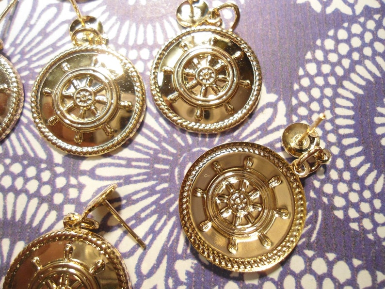 6 Pairs of Goldplated Ships Wheel Earrings Ships Wheel Charms