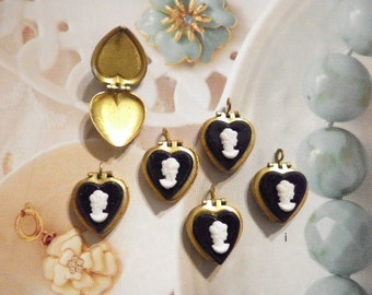 6 Brass Heart Lockets with Black Cameo