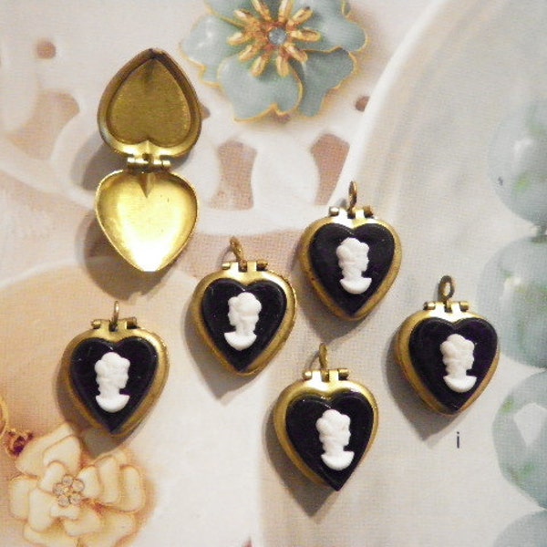 6 Brass Heart Lockets with Black Cameo