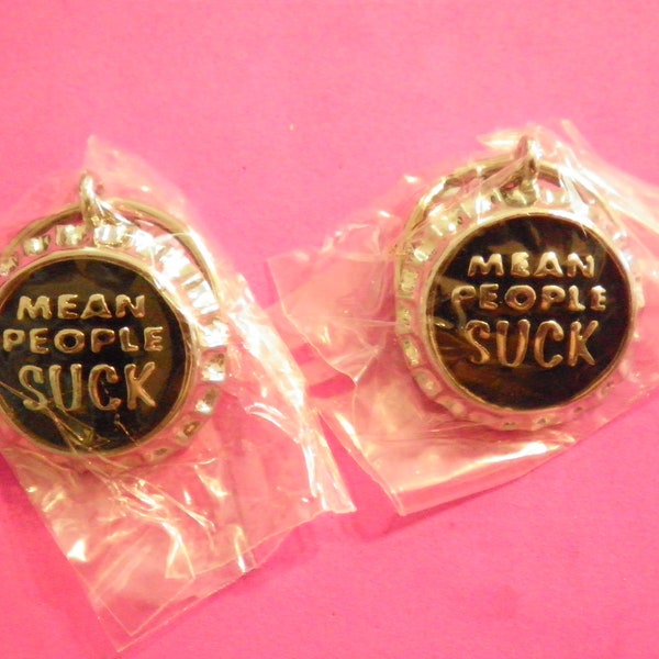 1 Vintage Silverplated Black Enameled "Mean People Suck" Bottlecap Keyring