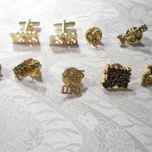 2 Goldplated Jesus Cufflinks with 7 Assorted Religious Pins