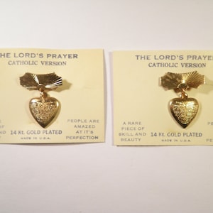 12 Vintage 14 Kt. Goldplated &quot;The Lord&#39;s Prayer&quot; Catholic Version Heart Lapel Pins