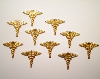 10 Vintage Brass 17mm Medical Caduceus Badges