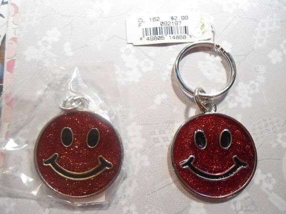 2 Silverplated Red Enameled Happy Face Key Rings … - image 1