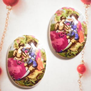 2 Vintage Japan Ceramic 30x22mm Hand Painted Cabochons.