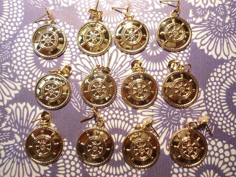 6 Pairs of Goldplated Ships Wheel Earrings Ships Wheel Charms