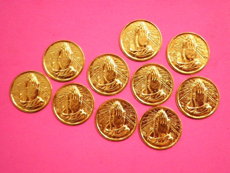 10 Vintage Goldplated 19mm Praying Hands Coins image 1