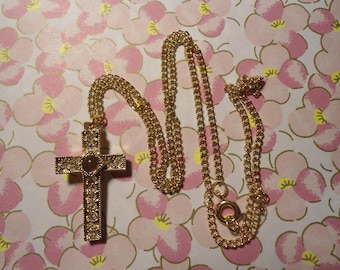 1 Goldplated 1970s 18&quot; Cross Necklace with The Lord&#39;s Prayer in the Crystal