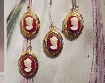 4 Vintage Goldplated 16x20mm Lockets with Ruby Red Cameo