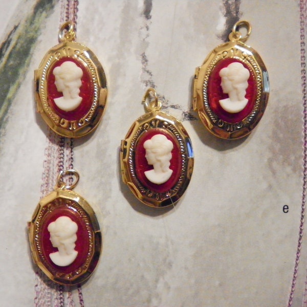 4 Vintage Goldplated 16x20mm Lockets with Ruby Red Cameo