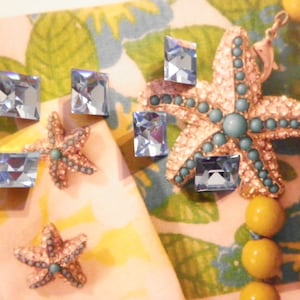 6 Vintage Glass Swarovski 10mm Square Aquamarine Gold Foiled Faceted Stones