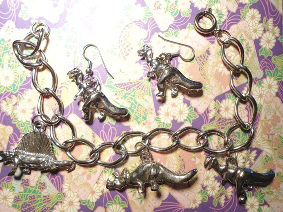 1 Set of Silverplated Dinosaur Bracelet and Earri… - image 1