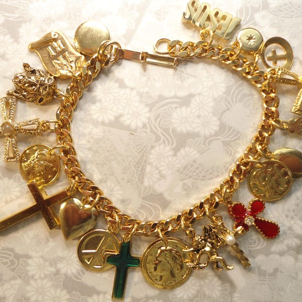 1 Goldplated 8" Cross and Charms Bracelet with 1 Lord's Prayer and 1 Hail Mary Prayer Cross