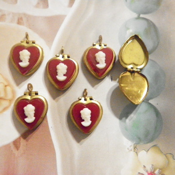 6 Brass Heart Lockets with Red Cameo