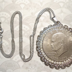 1 Silverplated Eisenhower Liberty Morgan Dollar Rhinestone Coin Pendant on 24&quot; Chain