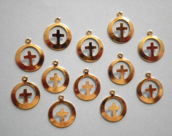 12 Vintage Goldplated 13mm Cross in a Circle Charms