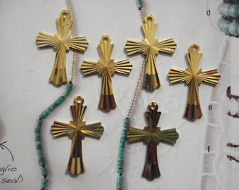 6 Vintage Diamond Cut Brass 30mm Fancy Crosses