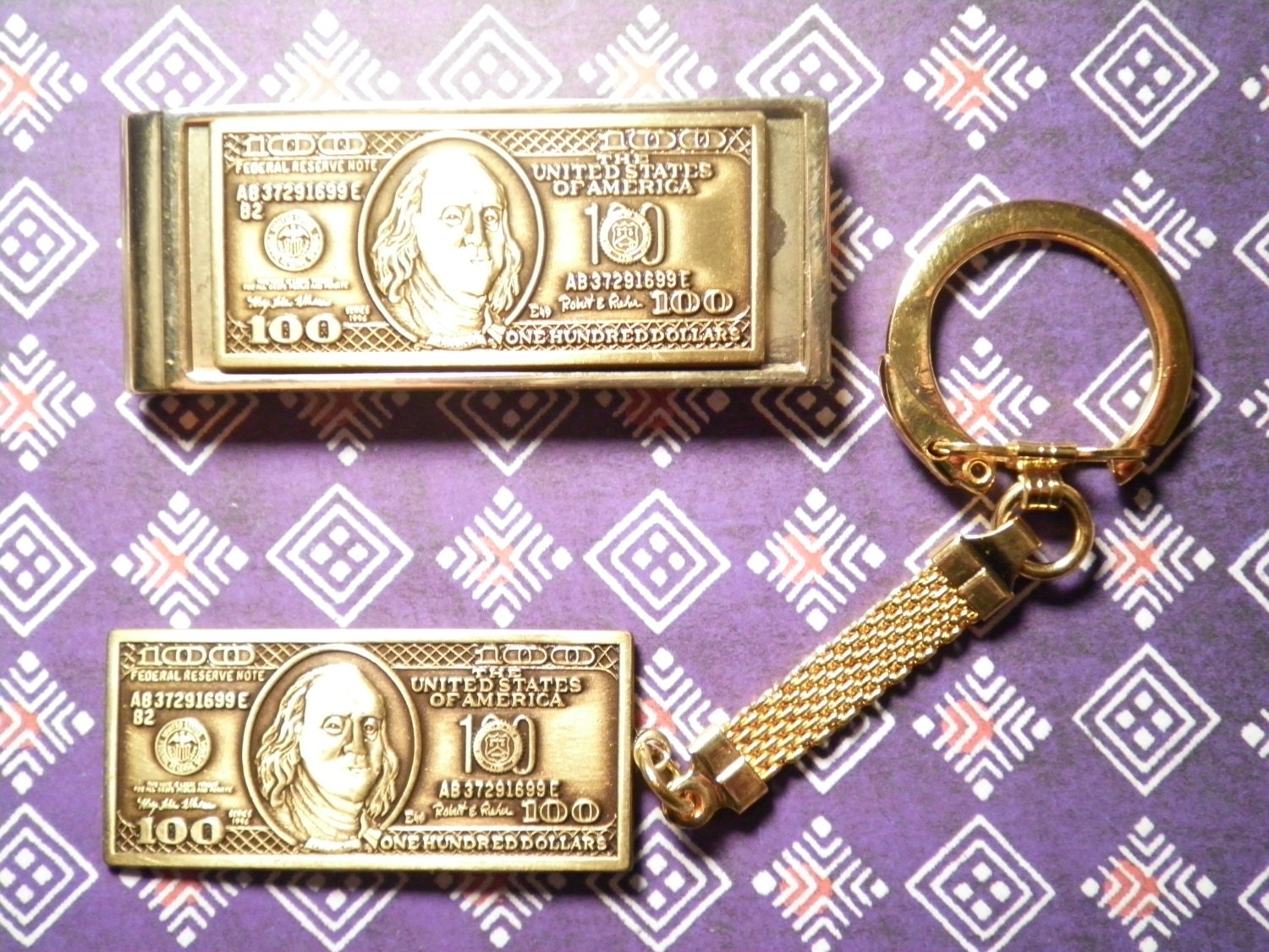 Gold Bar & $100 Hundred Dollar Bills Keychain & Charms Key Chain with Clip  Gift