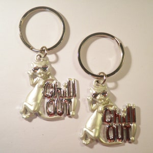 2 Silverplated &quot;Chill Out&quot; Kitty Cat Key Rings Key Chains
