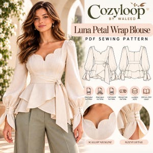 May include: A beige wrap blouse featuring a scalloped neckline, long sleeves with buttoned cuffs, and a tie-waist detail. The image includes a PDF sewing pattern technical drawing, icons for A4, US Letter, and A0 formats, and close-up details.