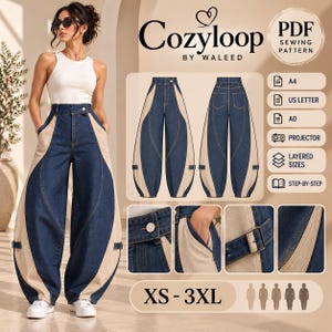 以下が含まれることがあります： Cozyloop by WaleedによるワイドパンツのPDF型紙。ダークブルーのデニムとベージュのパネルを組み合わせたツートンカラーのデザインで、ハイウエストとサイドのバックルストラップが特徴です。A4、USレター、A0、プロジェクター用ファイルが含まれています。