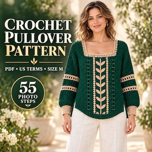 Modèle de pull au crochet à col carré à motif botanique, haut en dentelle, taille M (téléchargement PDF).