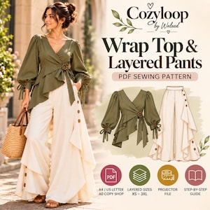 May include: A PDF sewing pattern for a wrap top and layered pants by Cozyloop by Waleed. The design features an olive green long-sleeve wrap top with a circular side closure and cream-colored wide-leg pants with side buttons and layered fabric.