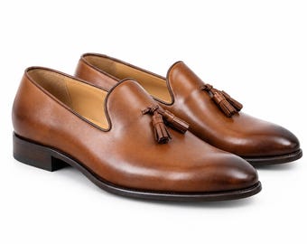 Handmade Men's Brown Leather Tassel Loafers