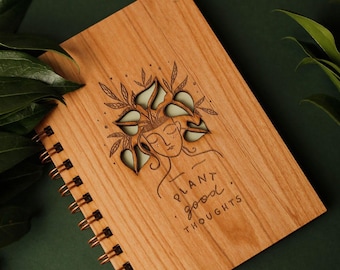 Plant Good Thoughts Holz Journal [Spiralnotizbuch, Skizzenbuch, Blank Pages, Geschenk zum 21.