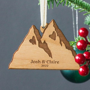 Personalized Mountains Ornament Couples Gift, Newlywed Holiday Ornament, Custom Wedding Gift, Our First Christmas, Hiking Ornament image 1