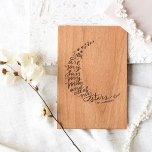 My Sun Moon & Stars EE Cummings Wood Card Wedding Anniversary Wooden Card, Personalized Gifts, Custom Message, Love Card, Gifts for Him image 4