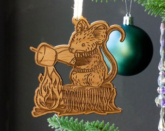 Marshmallow Mouse Wood Ornament [Woodland Art, Cute Animals Camping, Whimsical, Personalized Gifts, Christmas, Holiday, Stocking Stuffers]