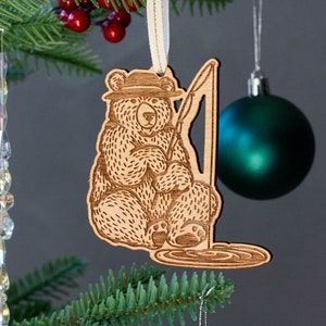 Fishing Bear Wood Ornament Woodland Art, Bear Ornament, Fishing Ornament, Grandpa Ornament, Dad Ornament, Holiday, Stocking Stuffers image 1