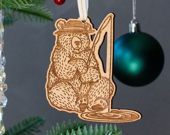 Fishing Bear Wood Ornament [Woodland Art, Bear Ornament, Fishing Ornament, Grandpa Ornament, Dad Ornament, Holiday, Stocking Stuffers]