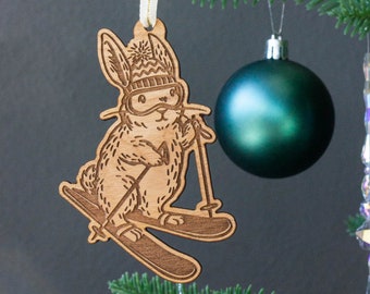 Ski Bunny Rabbit Ornament [Wood Ornament, Cute Animals, Whimsical Art, Personalized Gifts, Ski Ornament, Bunny Ornament, Stocking Stuffers]