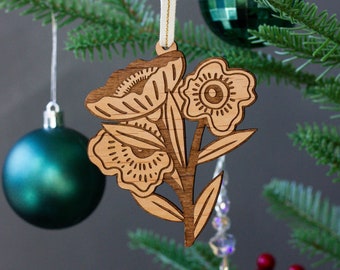 Poppy Flowers Wood Ornament [Folk Art Decor, Scandinavian Christmas, Personalized Gifts, Holiday Decor, Stocking Stuffers, Nordic Christmas]