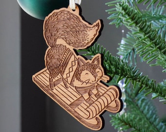 Sledding Fox Ornament [Woodland Art, Cute Animal, Whimsical Illustrations, Personalized Gift, Sledding Ornament, Holiday, Stocking Stuffers]