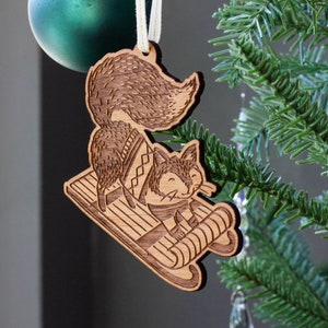 Sledding Fox Ornament Woodland Art, Cute Animal, Whimsical Illustrations, Personalized Gift, Sledding Ornament, Holiday, Stocking Stuffers image 1