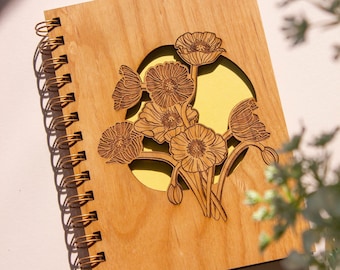 Journal en bois de coquelicots islandais [carnet de fleurs, carnet de croquis, reliure spirale, pages vierges, cadeaux pour elle, juste parce que]