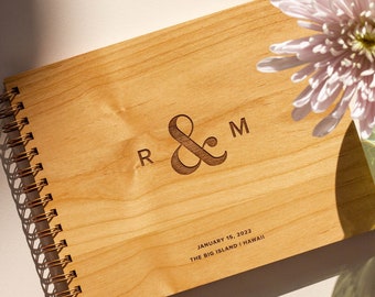 Classic Initials Personalized Wood Wedding Guest Book [Engraved Photo Album, Custom Gift, Anniversary, Engagement, Bridal Shower, Reception]